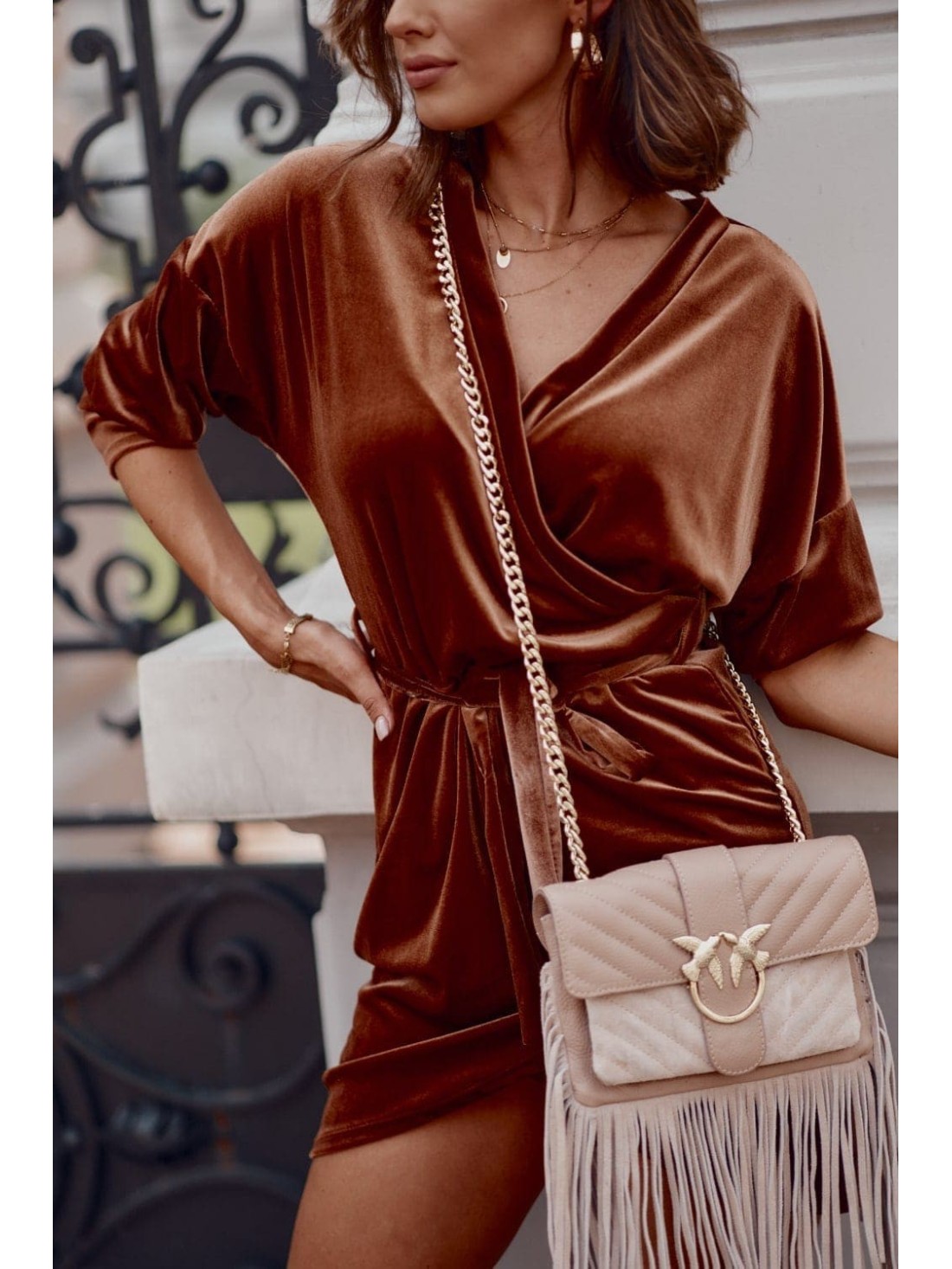 Velor dress with an envelope neckline, brown 365 - Online store - Boutique